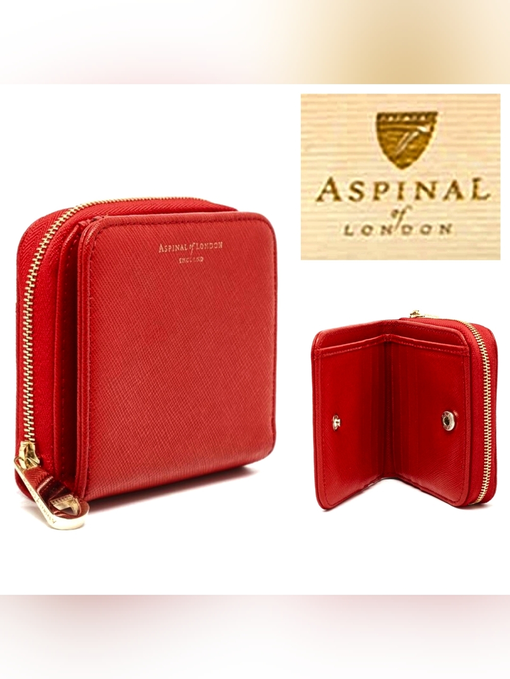 Aspinal Of London Small Wallet Pebbeled Leather Zip Around Cardinal Red